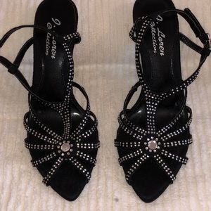Black fabric with studs sling back heels